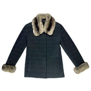 Grandi Faux Fur Trim Coat Women M Black Ribbed Classic Vintage 60s Luxury Jacket